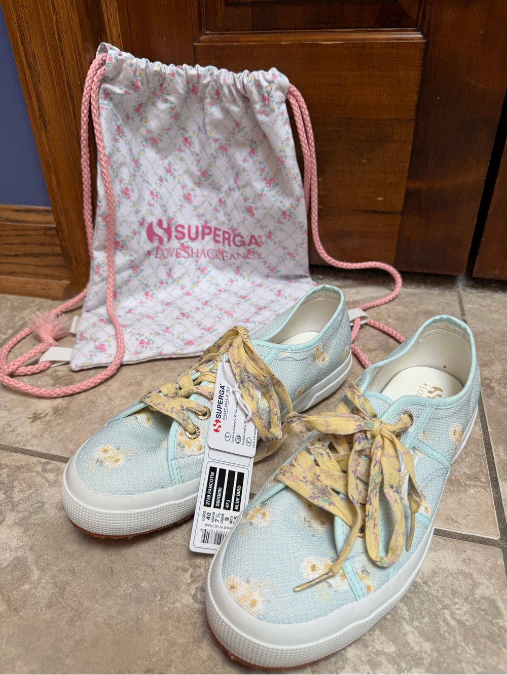 LoveShackFancy x Superga Pastel Blue Floral Sneakers with Yellow Floral Laces